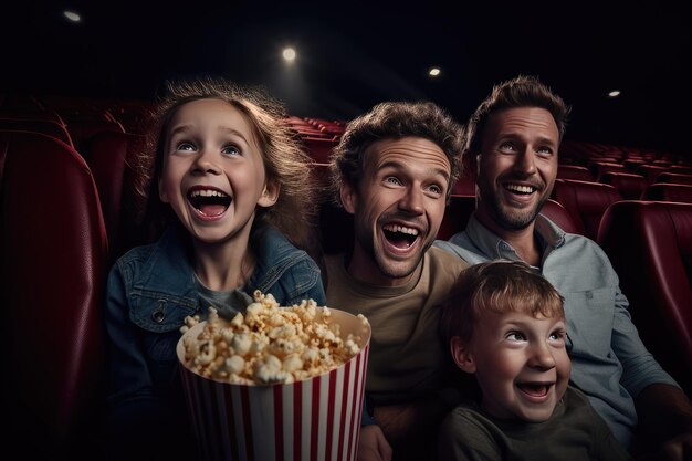 Een familie in de bioscoop die popcorn eet.
