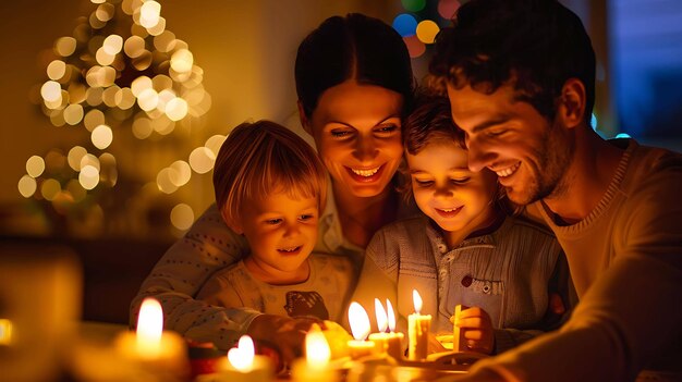 Een familie is verzameld rond een tafel die kaarsen aansteekt de ouders glimlachen en de kinderen kijken verbaasd naar de kaarsen