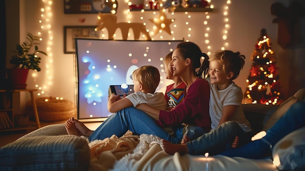 Een familie kijkt samen naar een film in hun woonkamer ze zitten op de bank en de vloer en ze kijken allemaal naar de tv