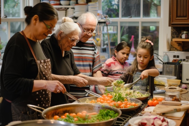 Een familie kookles waar grootouders gerechten van hun geboorteland leren en het culinaire erfgoed doorgeven aan jongere generaties