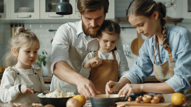 Een familie kookt samen in de keuken. Ze dragen allemaal schorten en zien er gelukkig uit.