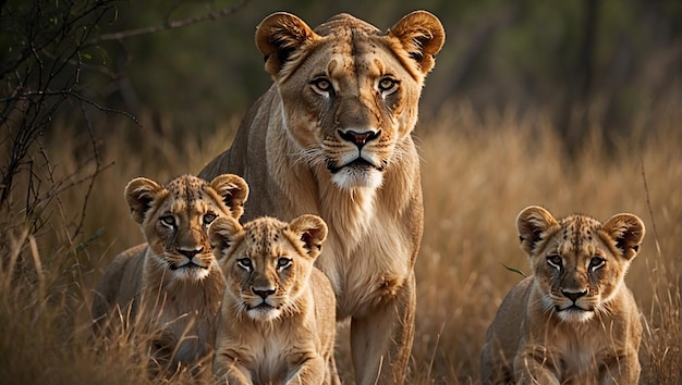 Een familie leeuwen staat in het gras.