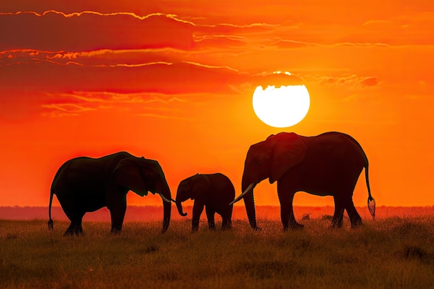Een familie olifanten tegenover een Afrikaanse zonsondergang