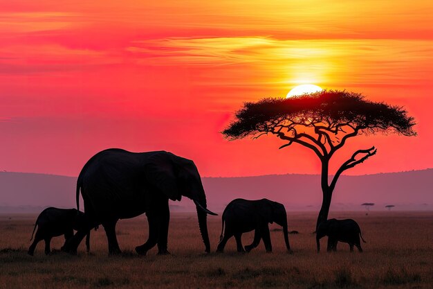 Een familie olifanten tegenover een Afrikaanse zonsondergang