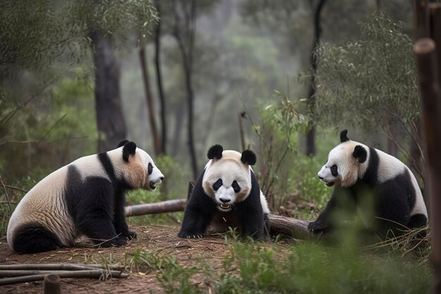 Een familie panda's die in een bamboesbos spelen, genereert ai.