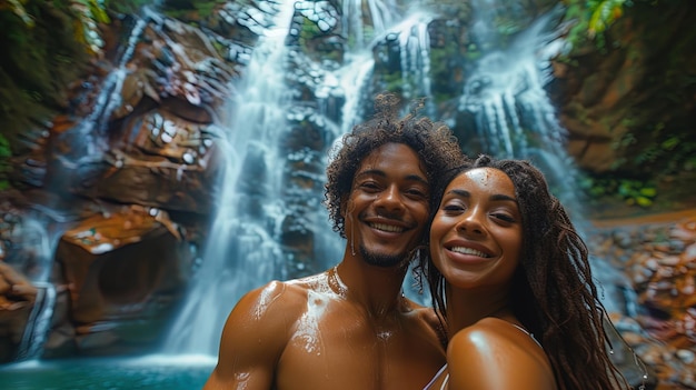 Een familie poseert voor een selfie voor een prachtige waterval hun gezichten verlicht met opwinding