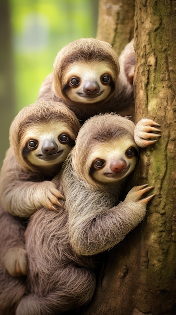 Een familie schattige luiaards klampt zich tevreden vast aan een boomstam