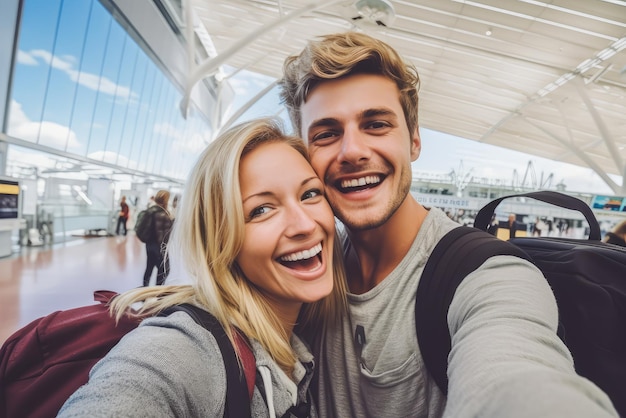 Een familie selfie op de luchthaven.