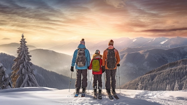 Een familie skiërs kijkt tijdens de vakantie en de winter naar de met sneeuw bedekte bergen in een skigebied