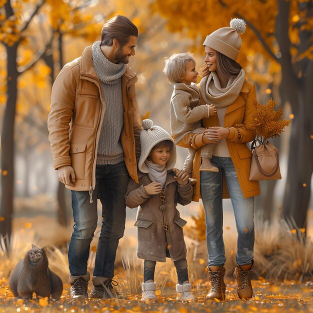 Een familie staat in het park, een van hen draagt een sjaal.