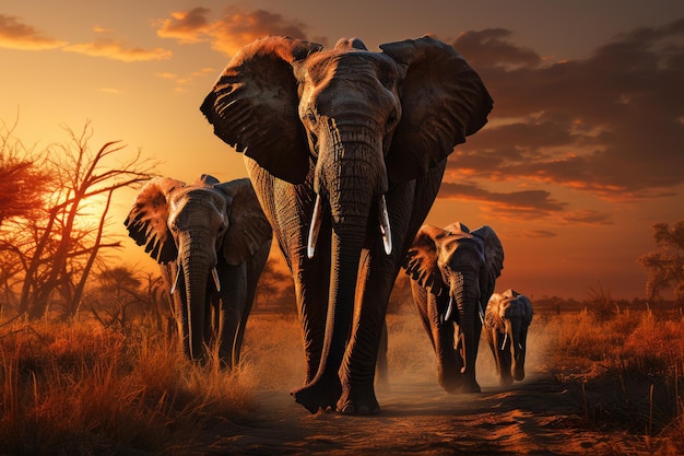 een familie van olifanten op de prairie in de buurt van het meer brede land ondergaande zon aan de horizon ai gegenereerd