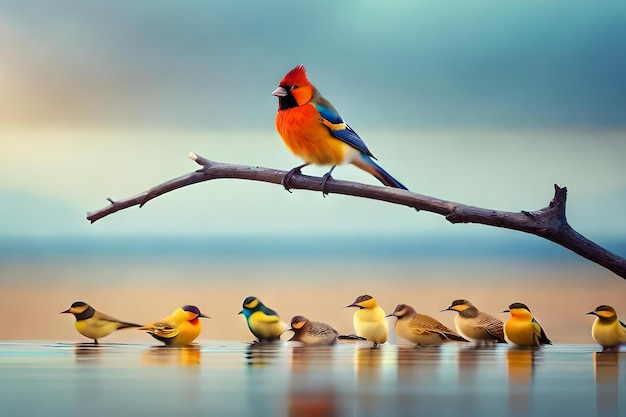 Een familie van vogels met een van hen op een tak.