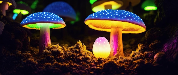 Foto een familie van zure giftige lichtgevende paddenstoelen in een donkere mysterieuze lemu generatieve ai