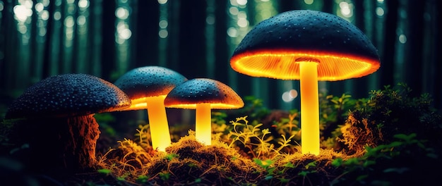 Een familie van zure giftige lichtgevende paddenstoelen in een donkere mysterieuze lemu generatieve ai