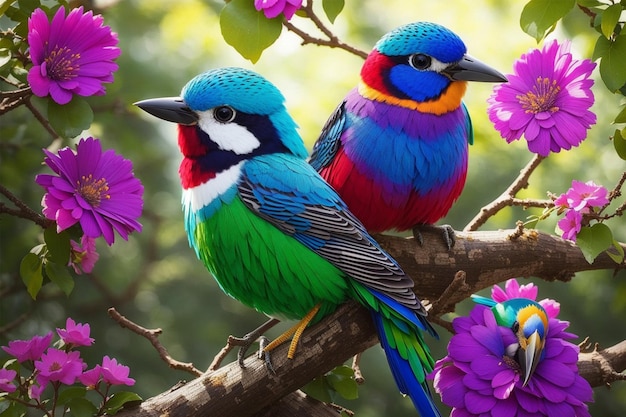 Een familie vogels rond een weelderige tuin van wilde bloemen