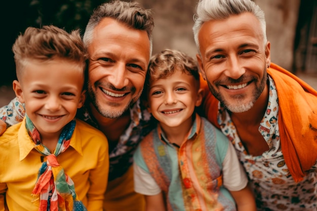 Een familiefoto van twee gelukkige vaders en hun homoseksuele lgbt-kinderen