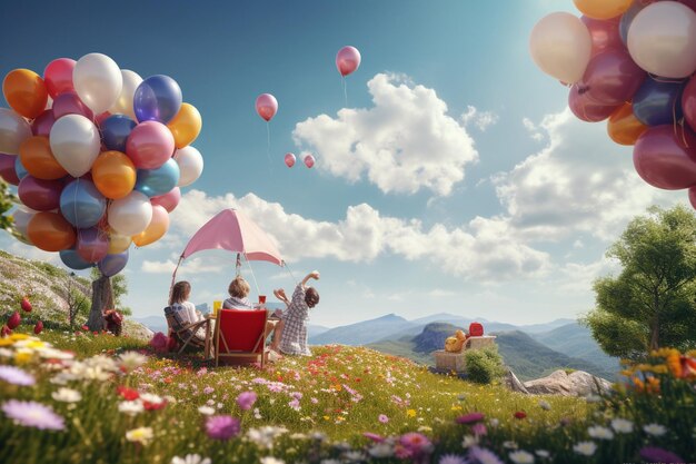 Een familiepicknick op een heuvel met kleurrijke ballon 00122 01