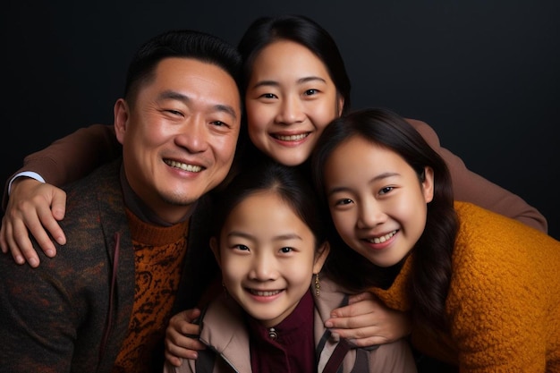 Foto een familieportret met drie meisjes en een zwarte achtergrond.