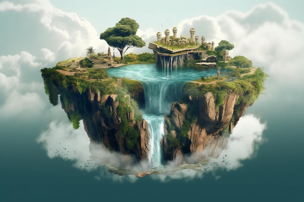 Een fantasie-eiland met een kasteel en een waterval
