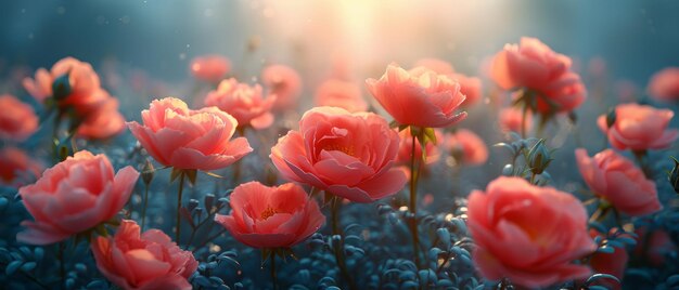 Foto een fantasie land van eustoma bloemen in een sprookjes tuin met prachtige sprookjes bloeiende tedere rozen op een mysterieuze bloemen blauwe achtergrond met zonsopgang stralen