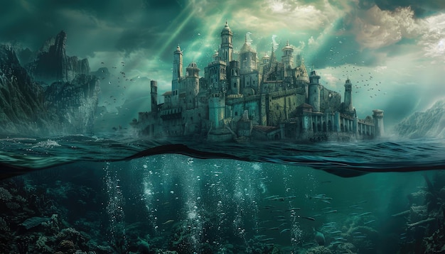 Een fantasie onderwater scène met een kasteel en een haai door AI gegenereerd beeld