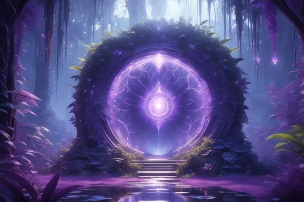 Een fantasie paarse gloeiende portaal in het bos