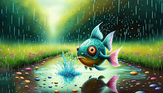 Een fantasie schilderij van een vis in overschoenen die naar binnen springt