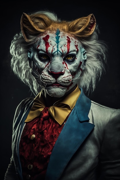 Een fantasie Tijger in Clown Klassiek kostuumpak en gezichtsmake-up