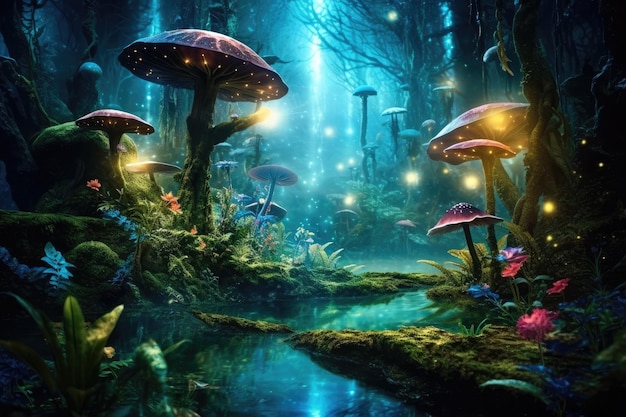 Een fantasiebos met paddenstoelen en water
