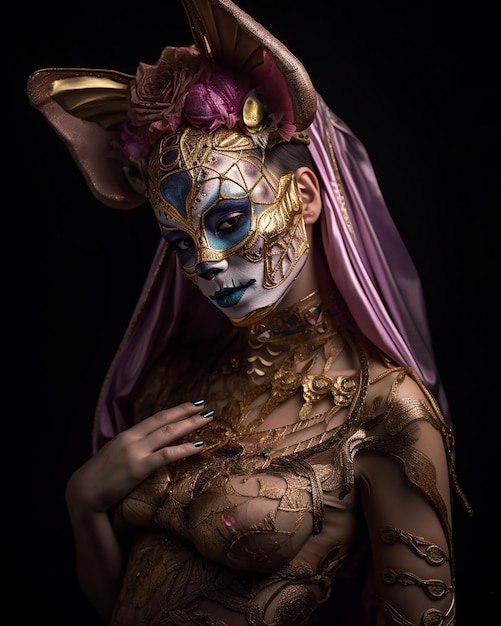 Een fantasiegodinheks met een gouden kattenmasker en gouden accessoires met roze stoffen