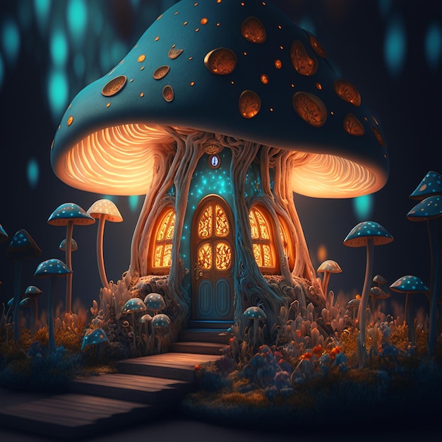 Een fantasiehuis van verlichte paddenstoelen, een fantastische wereld