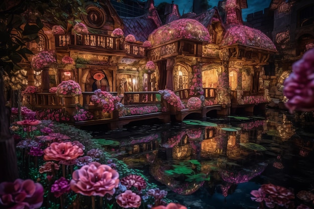 Een fantasiewereld met bloemen op het water