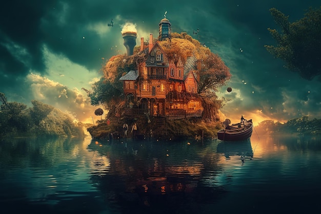 Een fantasiewereld met een huis op een eiland