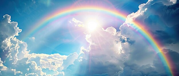 Een fantastisch hemelbeeld met een heldere regenboog omringd door speelse wolken