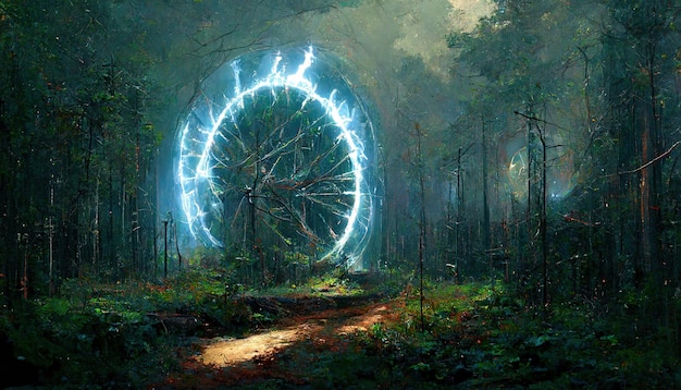 Een fantastisch magisch poortportaal in het bos Kleurrijk pittoresk helder bos Het ronde portaal teleporteert naar andere werelden Fantastisch landschap 3d illustratie
