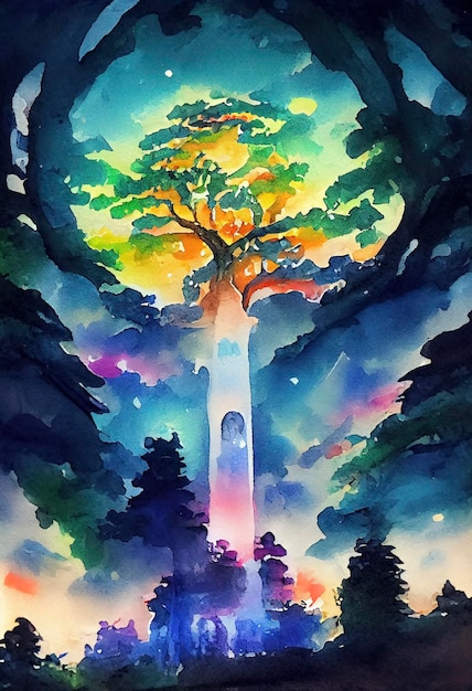 Een fantastische aquarel oude illustratie van een levensboom met een helder aura magisch sprookjesbos