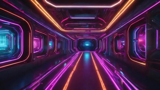 Een fantastische neon tunnel de gang van een ruimteschip onderdompeling in virtual reality kunstmatige intelligentie