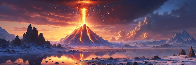Een fantastische scène van een vulkaan met een lavastroming die eruit komt en een dramatisch en buitenaards landschap creëert. De berg en de lava staan tegen een achtergrond van de hemel.