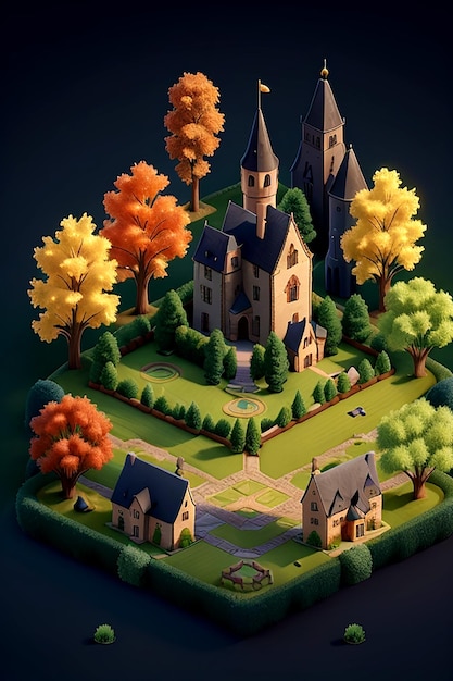Een fantasy 3D-omgeving in Minecraft-stijl met een kasteel in het midden
