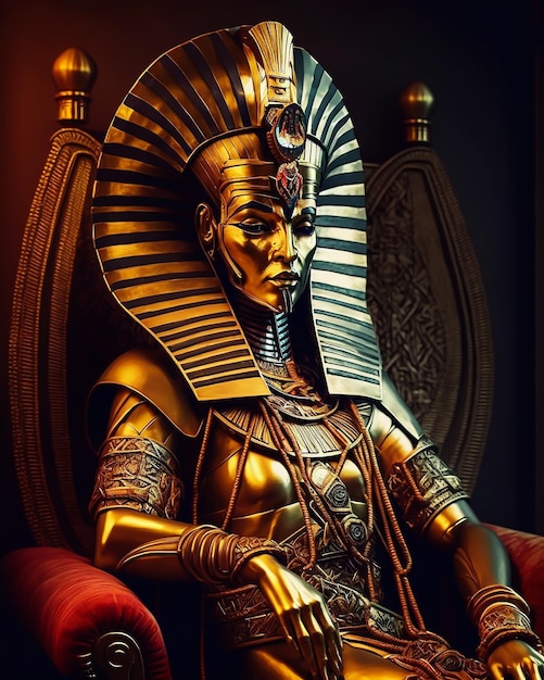 Een farao Egyptisch godinnenkoninginstandbeeld in gouden masker en gouden accessoires zittend op de troon