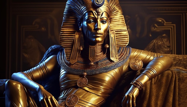 Een farao Egyptisch godinnenkoninginstandbeeld in gouden masker en gouden accessoires zittend op de troon