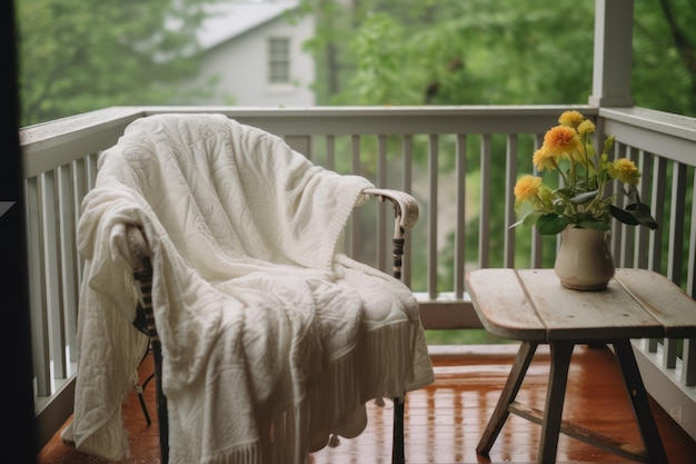 Een fauteuil met een gebreide deken op een balkon met een vaas met bloemen