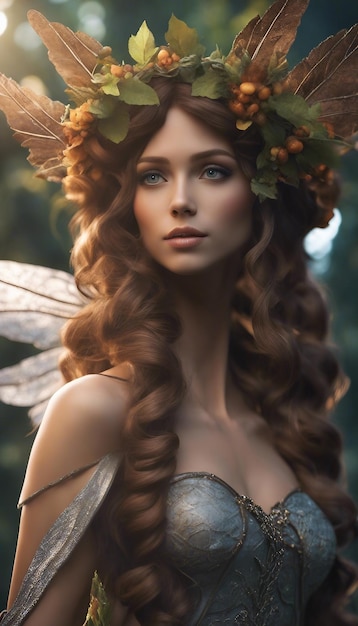 Een fee met vleugels en een krans van bladeren en takken op haar hoofd.