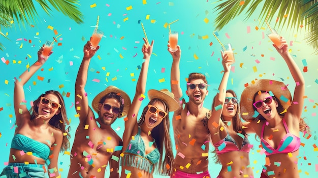 Een feest van vrolijke mensen met dranken op een achtergrond van glanzende confetti