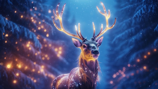 Een feestelijk hert schittert met lichtjes in een winterwonderland Generatieve AI