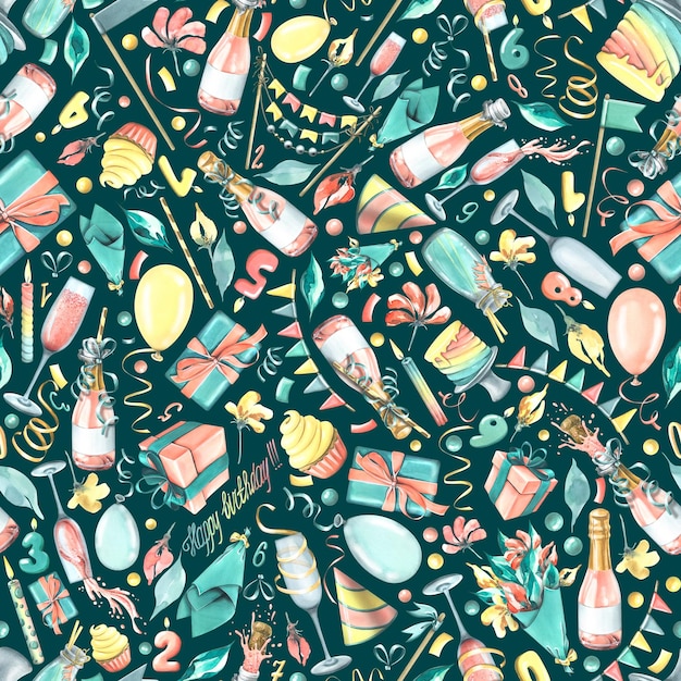 Een feestelijk naadloos patroon op een donkere achtergrond met champagne snoep vlaggen glazen ballonnen confetti bloemen Aquarel illustratie van een grote reeks GELUKKIGE VERJAARDAG Voor verpakkingspapier