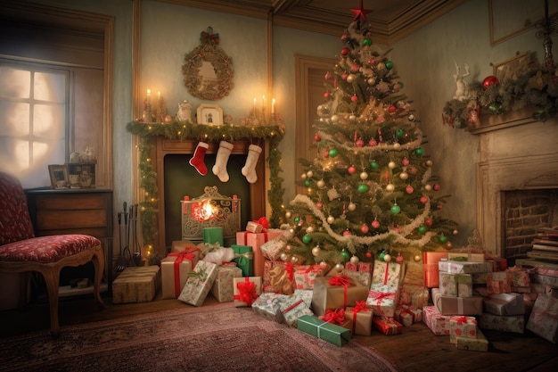 Een feestelijk tafereel met een grote kerstboom omringd door cadeautjes en kousen