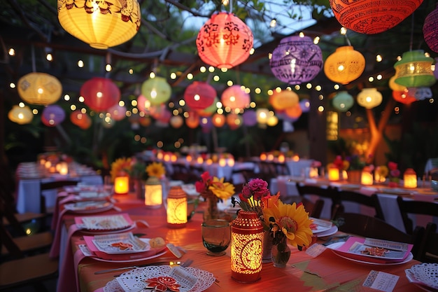 Een feestelijke buitenomgeving met kleurrijke lantaarns boven de eettafels in de schemering