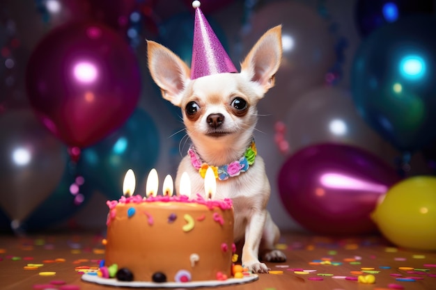 Een feestelijke chihuahua-pup met een feestmuts die geniet van verjaardagstaart