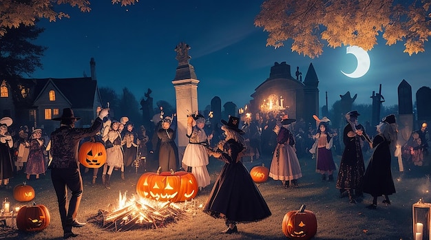 Een feestelijke Halloween-viering op een kerkhof met een vreugdevuur en gekostumeerde gasten die eromheen dansen